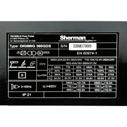 Spawarka inwertorowa MIG/MAG Sherman DIGIMIG 360GDS + MMA/TIG LIFT [400V]