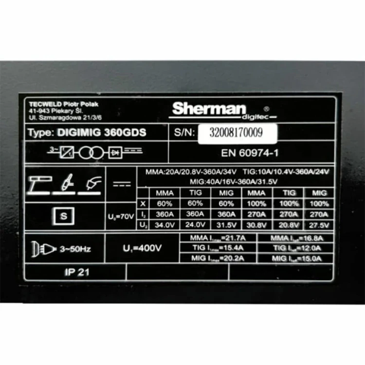 Spawarka inwertorowa MIG/MAG Sherman DIGIMIG 360GDS + MMA/TIG LIFT [400V]