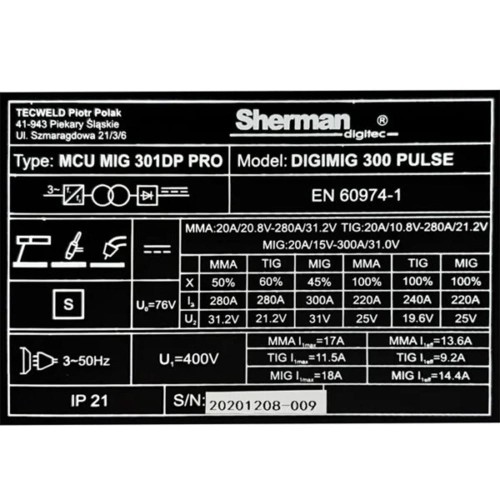Spawarka inwertorowa MIG/MAG Sherman DIGIMIG 300 PULSE + MMA/TIG LIFT [400V]