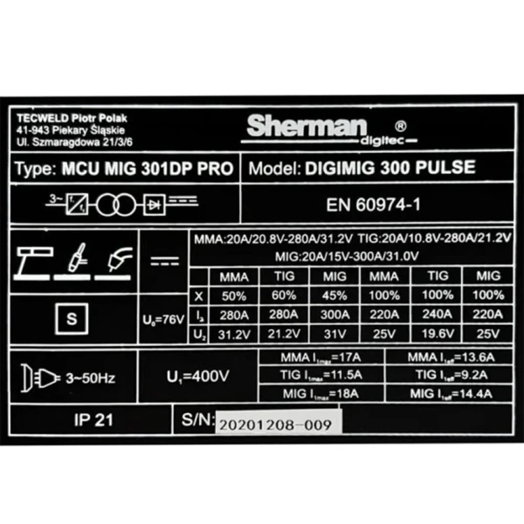 Spawarka inwertorowa MIG/MAG Sherman DIGIMIG 300 PULSE + MMA/TIG LIFT [400V]