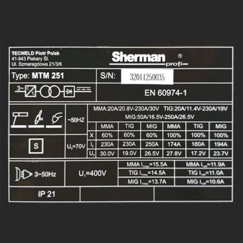 Spawarka inwertorowa MIG/MAG Sherman MTM 251/4R + MMA/TIG [400V]