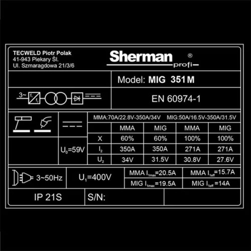 Spawarka inwertorowa MIG/MAG Sherman MIG 351M/4R + MMA [230V]