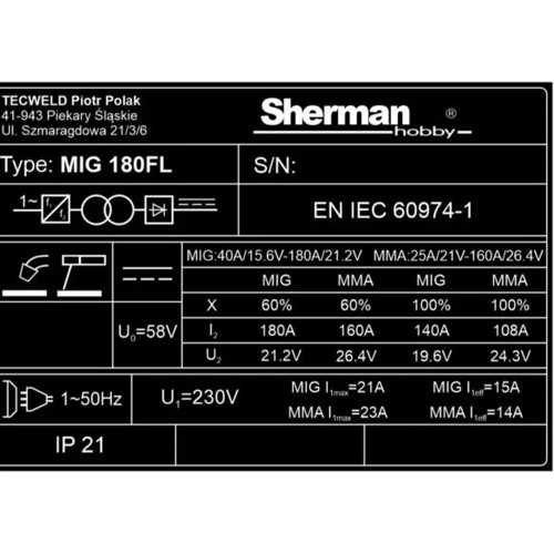 Spawarka inwertorowa MIG/MAG Sherman MIG 180FL + MMA [230V]