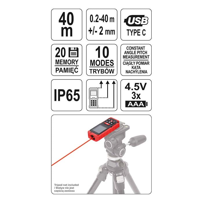 Dalmierz laserowy  Yato YT-73126 czerwony (0,2-40m)