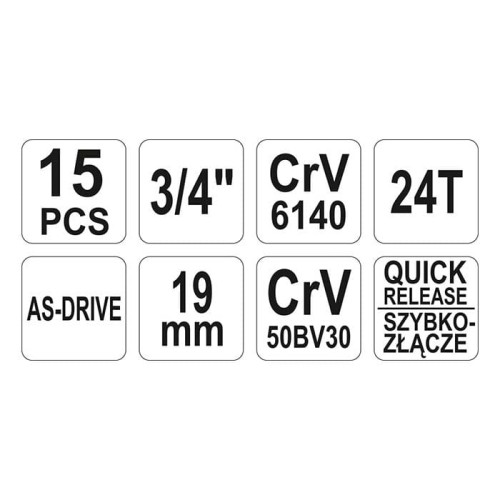 Nasadki 3/4" z grzechotką 15el (30-60mm)