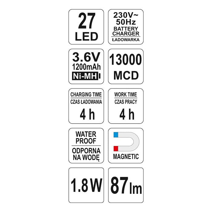 Lampa warsztatowa 27 LED Yato YT-08523 AKU 3.6V (1.2 Ah)
