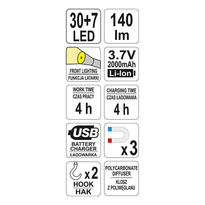 Lampa warsztatowa 30+7 LED AKU Yato YT-08507 AKU 3.7V (2.0 Ah)