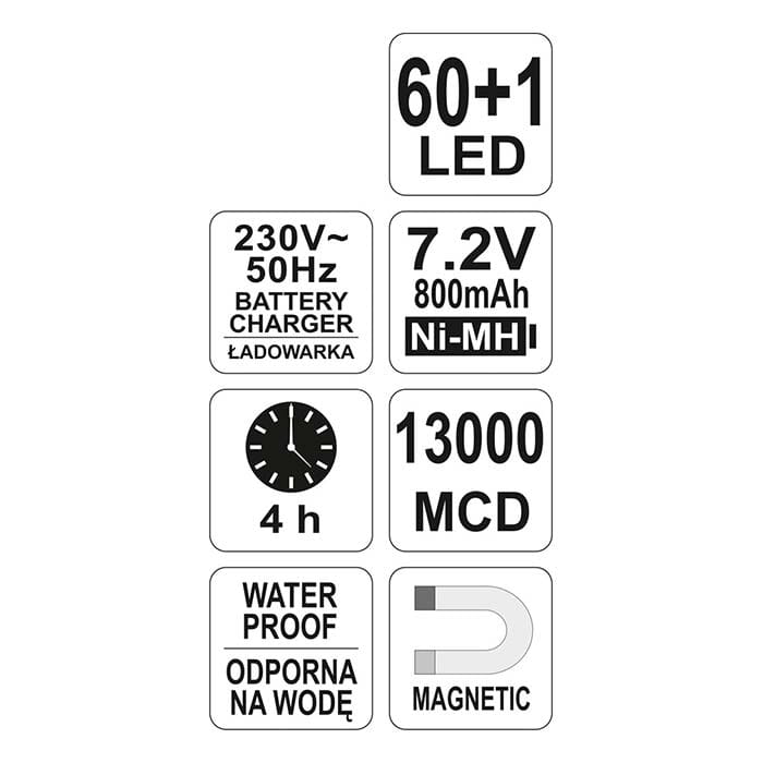 Lampa diodowa LED 60+1 Yato YT-0852 AKU 7.2V (0.8 Ah)