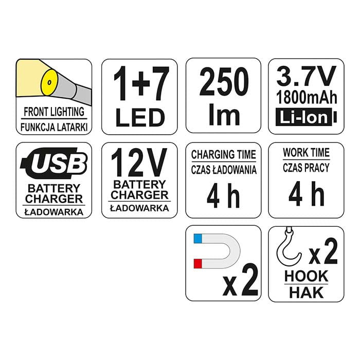 Lampa warsztatowa 3W COB LED Yato YT-08504 AKU 3.7V (1.8 Ah)