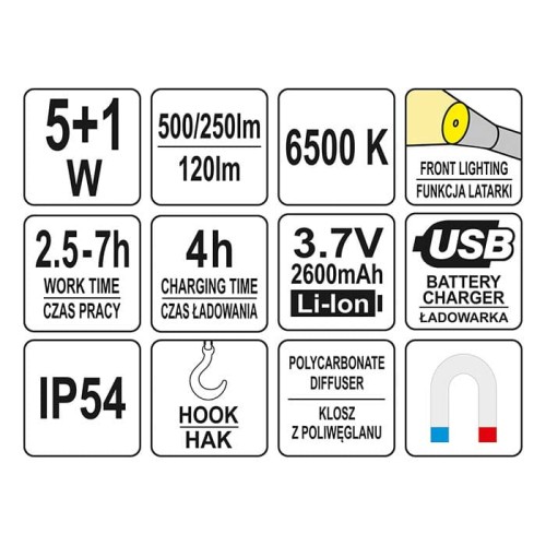 Lampa warsztatowa 500lm + 120lm 5W COB LED Yato YT-08562 AKU 3.7V (2.6 Ah)