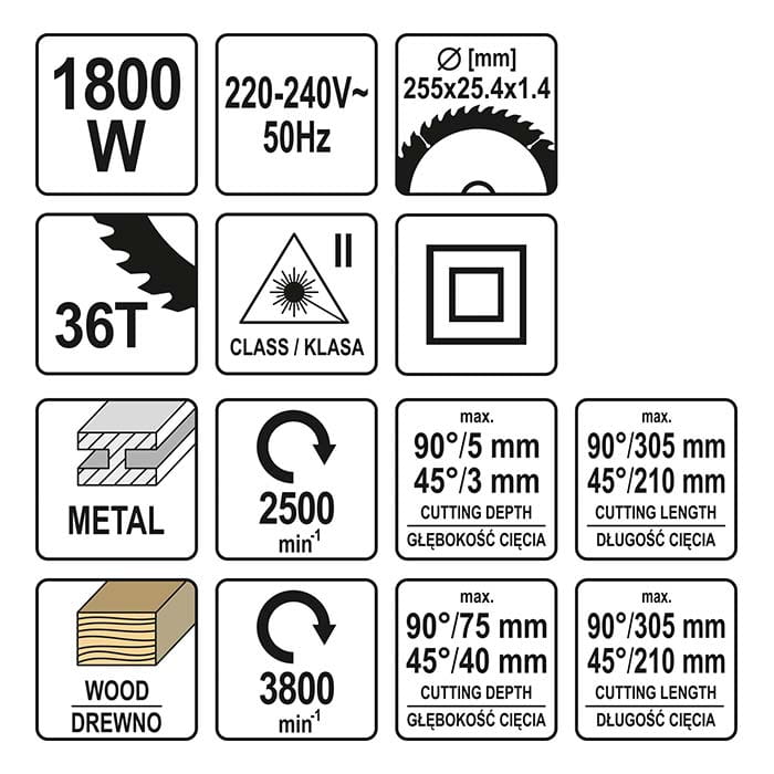 Pilarka ukosowa 255mm 1800W z laserem Yato YT-82174 [230V]