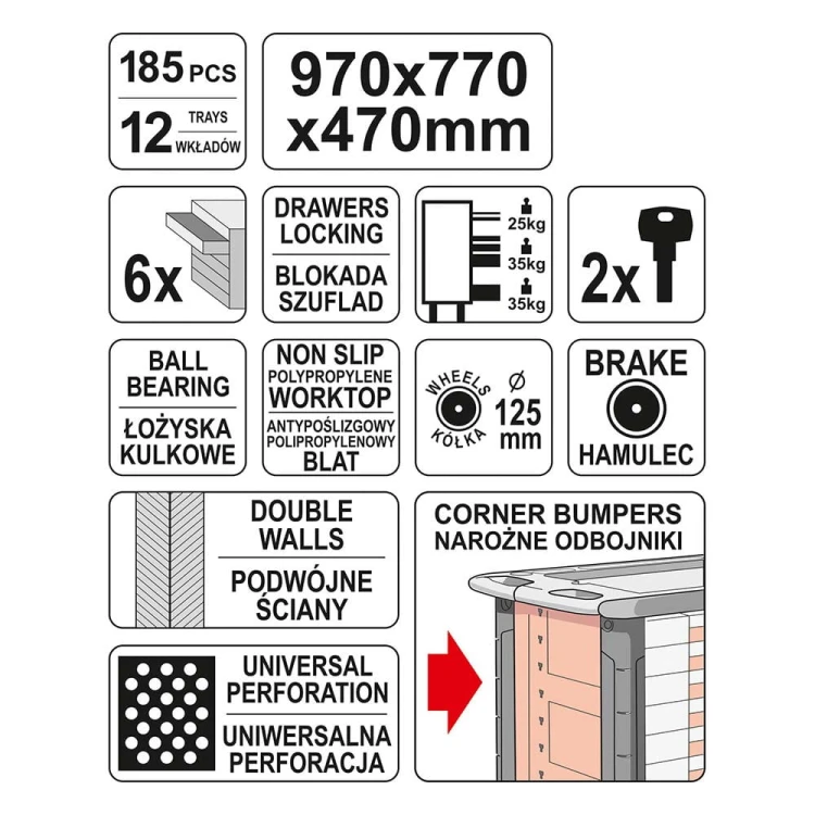 Szafka narzędziowa Yato YT-55307 z 6 szufladami + WYPOSAŻENIE / 185 elementów