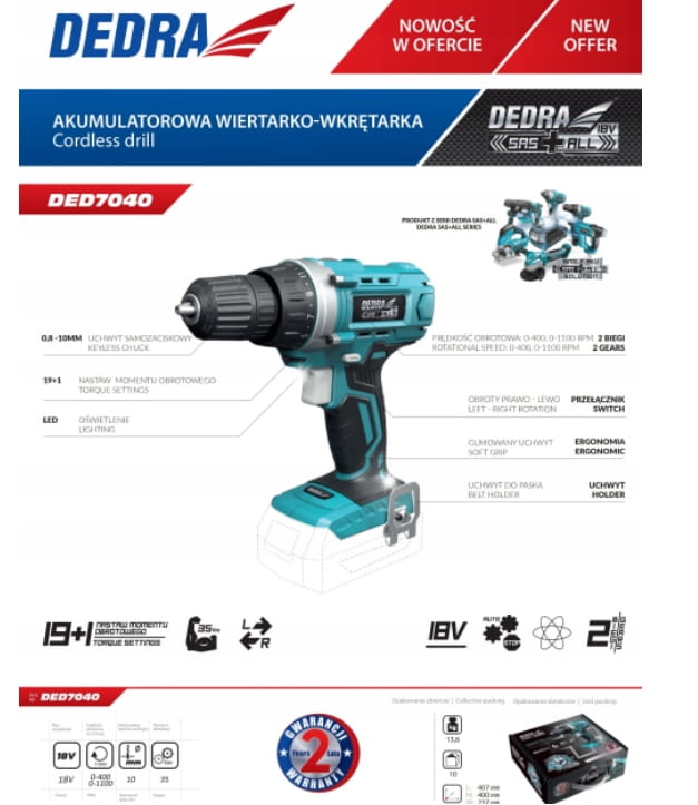 Wiertarko-wkrętarka Dedra DED7040 SAS+ALL AKU 18V (bez aku)