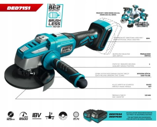Szlifierka kątowa 125mm Dedra DED7151 SAS+ALL AKU 18V (bez aku)