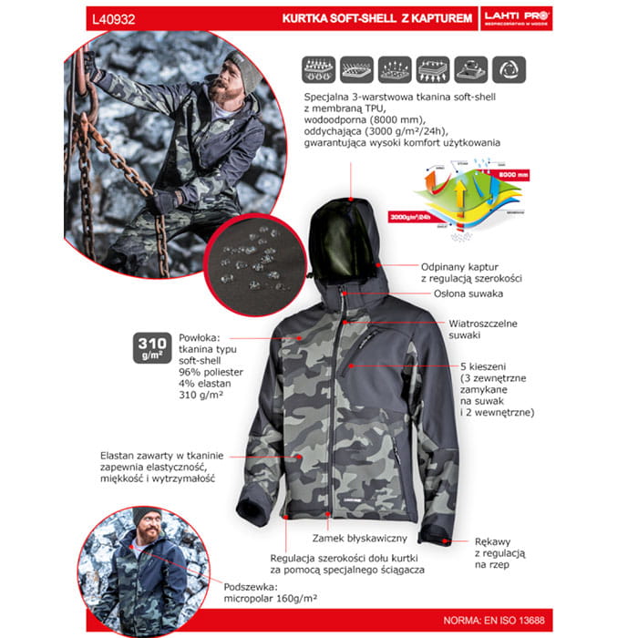 Kurtka Softshell z kapturem moro Lahti Pro L4093204 - rozmiar XL