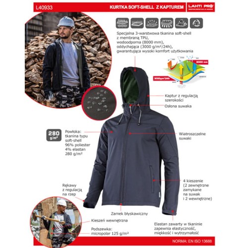 Kurtka softshell z kapturem czarna Lahti Pro L4093301 - rozmiar S