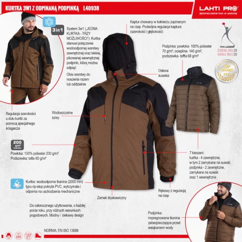 Kurtka z odpinaną podpinką 3w1 brązowo-czarna Lahti Pro L4093801 - rozmiar S