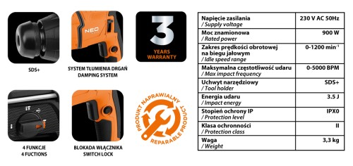 Młotowiertarka 900W 3,5J SDS-Plus Neo Tools 04-723 [230V]