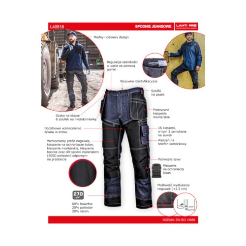 Spodnie robocze jeans ze wzmocnieniem niebieskie Lahti Pro L4051804 - rozmiar XL