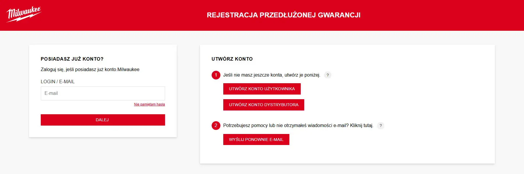 Rejestracja urządzenia Milwaukee