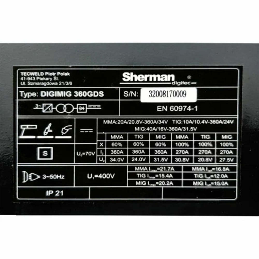 Spawarka inwertorowa MIG/MAG Sherman DIGIMIG 360GDS + MMA/TIG LIFT [400V]