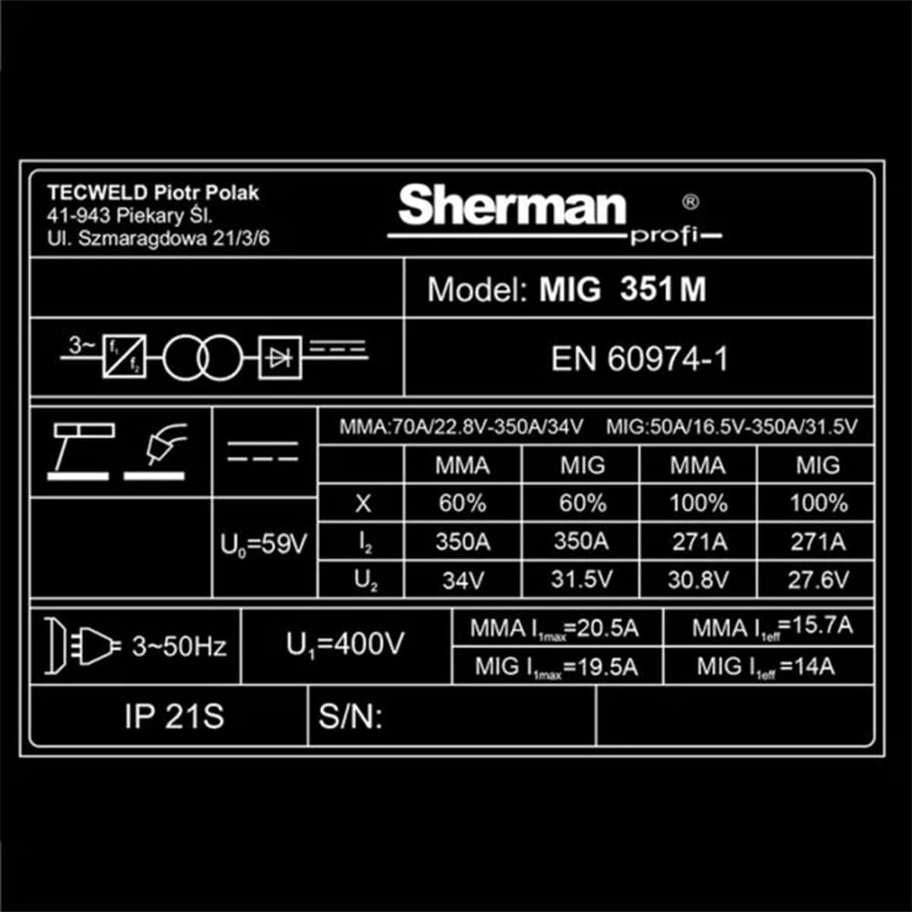 Spawarka inwertorowa MIG/MAG Sherman MIG 351M/4R + MMA [230V]