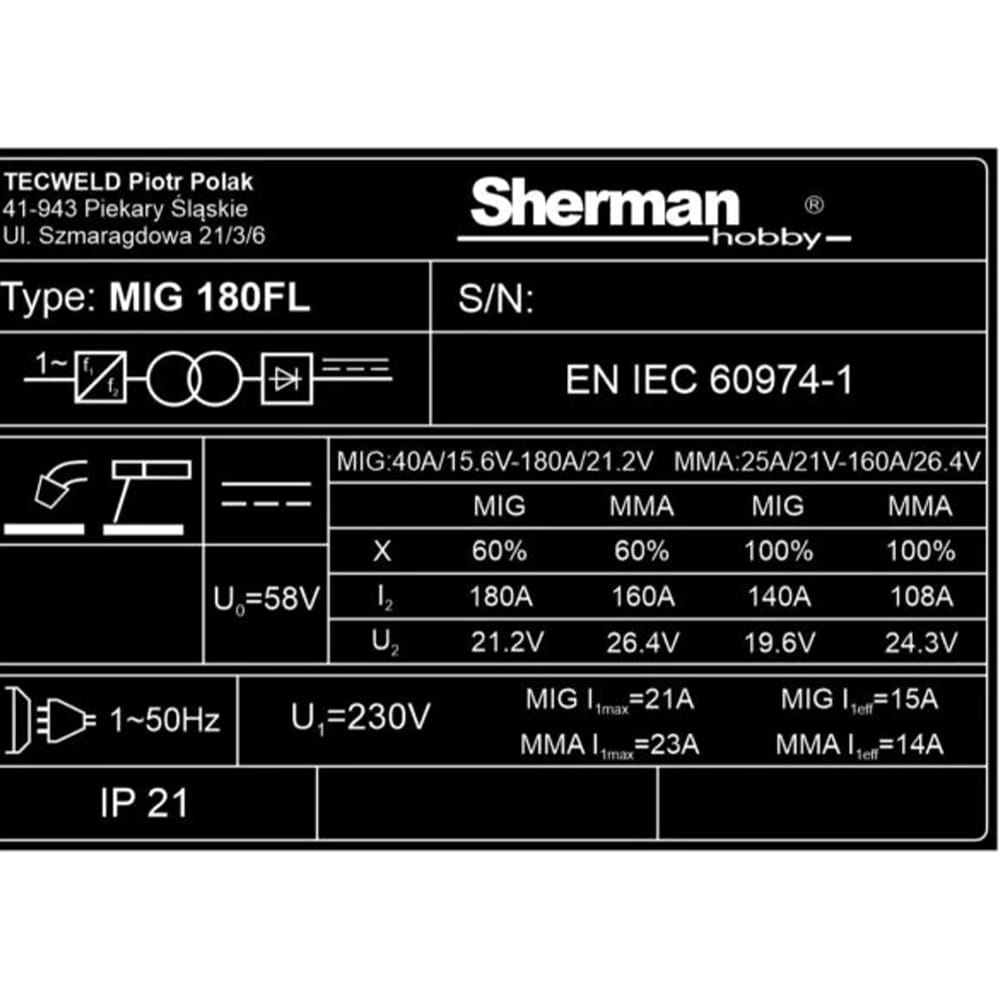 Spawarka inwertorowa MIG/MAG Sherman MIG 180FL + MMA [230V]